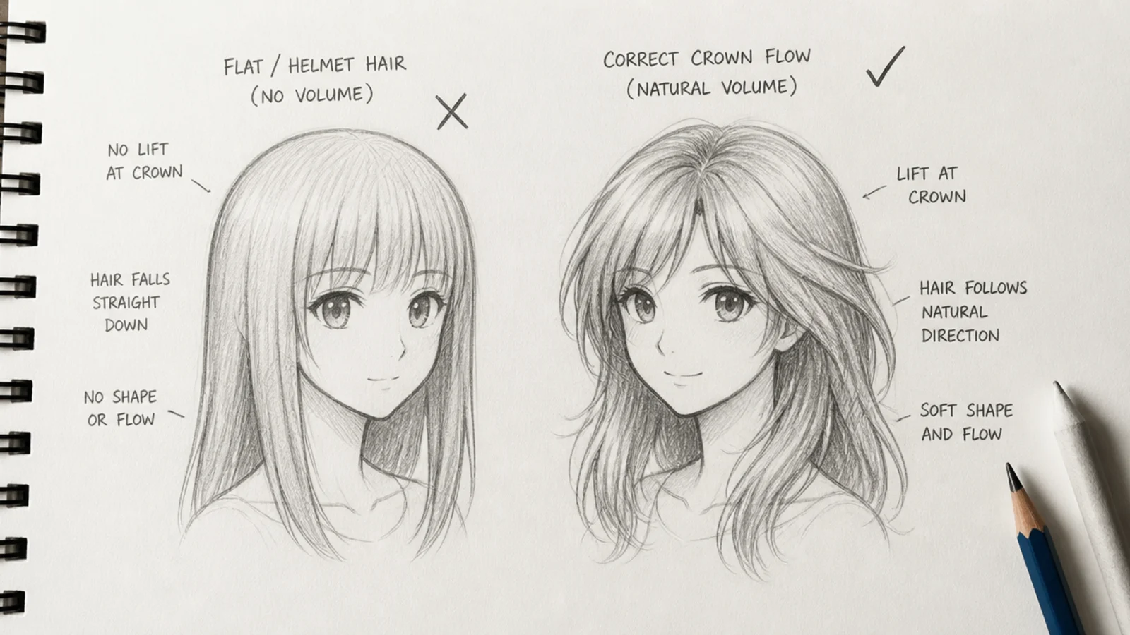 Two anime hair sketches compared, one with flat helmet hair and one with correct crown flow and volume