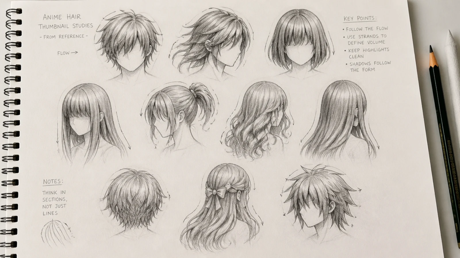Sketchbook page of anime hair thumbnail studies drawn from reference photos with flow line arrows