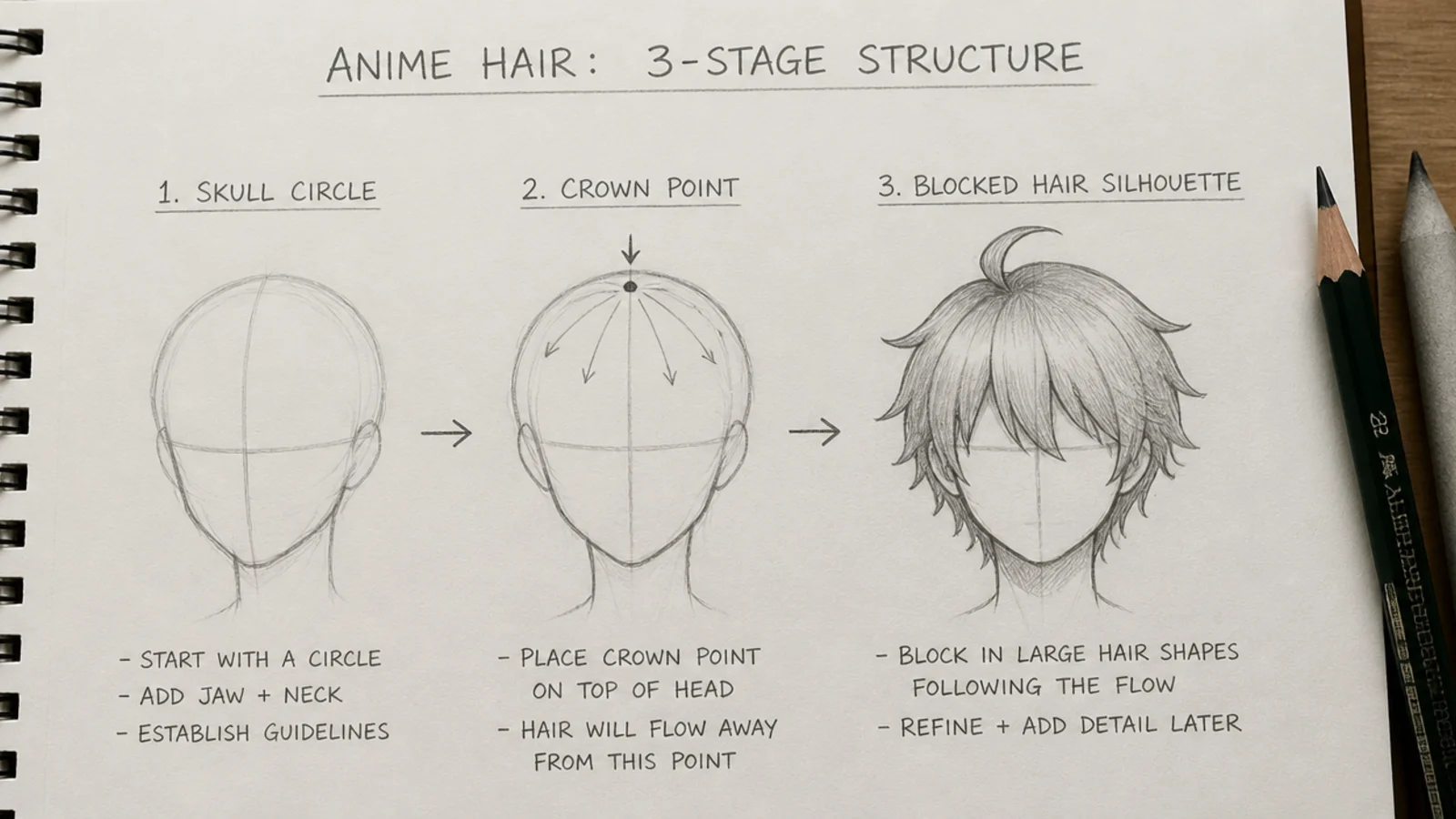 Three-stage pencil diagram showing a skull circle, a crown dot and a blocked anime hair silhouette