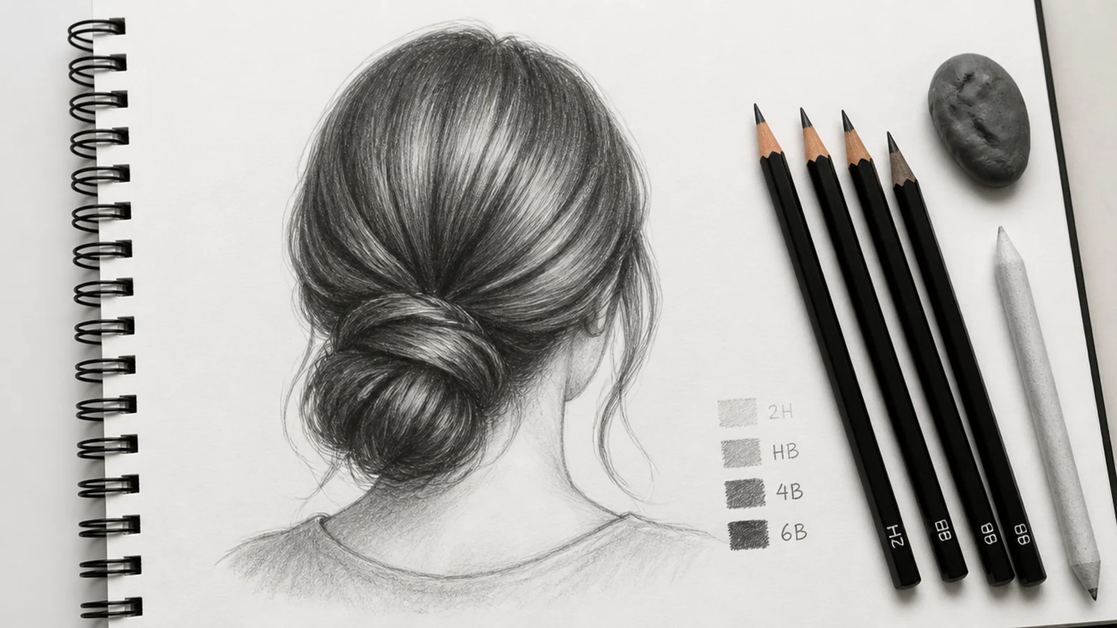 Flat lay of 2H HB 4B and 6B pencils with a kneaded eraser and smooth sketch paper for hair sketching