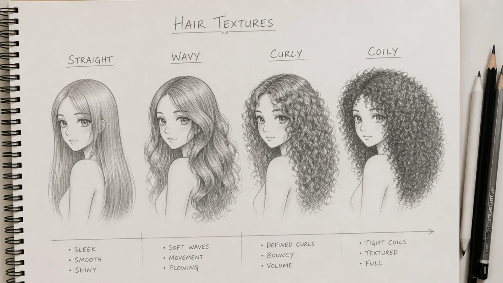 Four pencil anime hair sketches comparing straight, wavy, curly and coily hair textures side by side