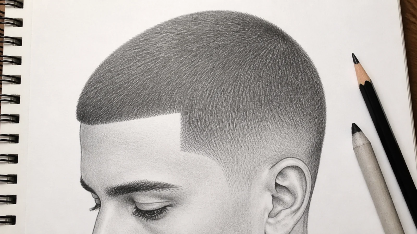 Pencil sketch of a boy's buzz cut showing an even gray tone over the skull with a sharp front hairline