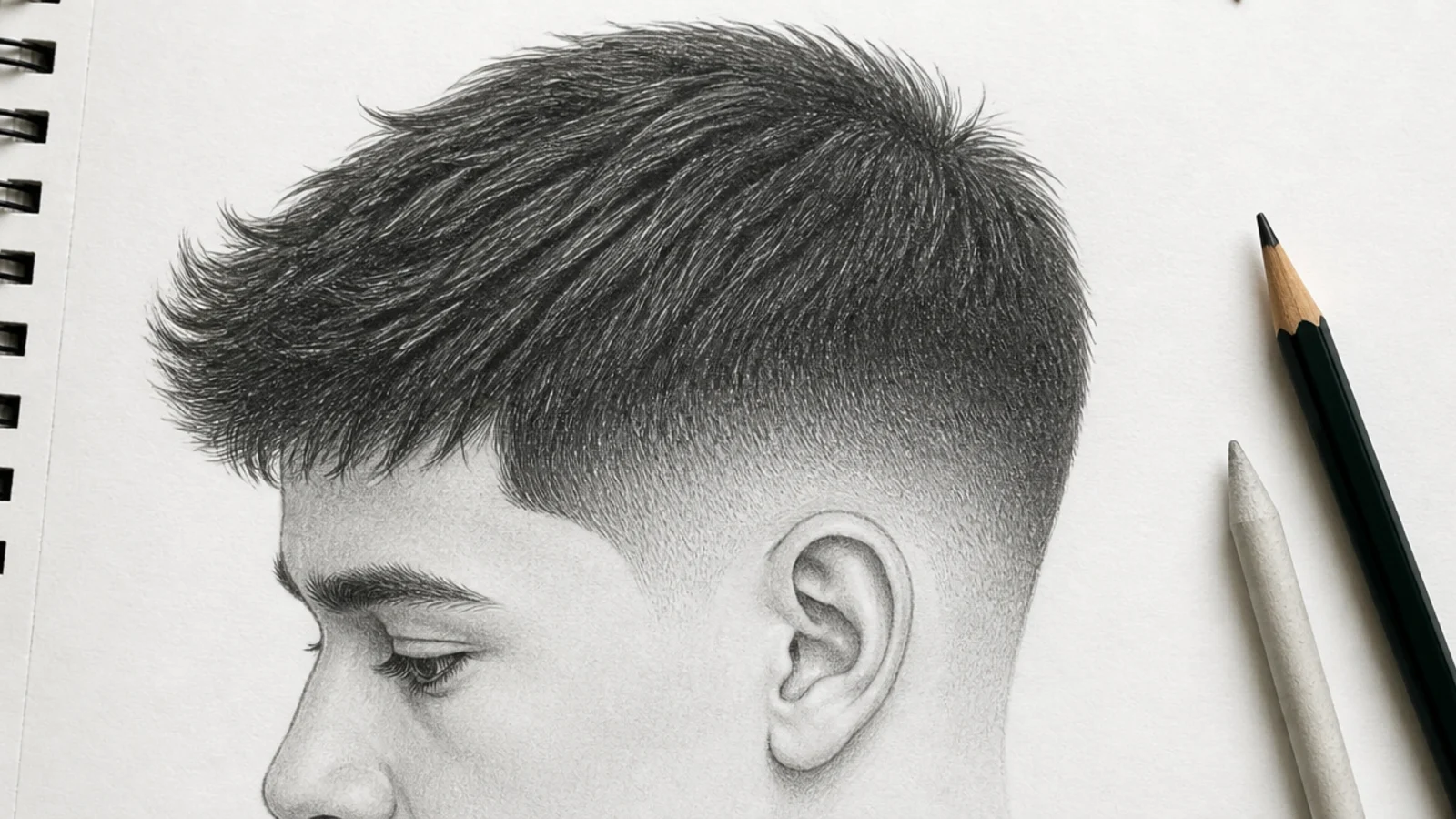 Boy hair sketch of a taper fade with a smooth graphite gradient from dark top to bare paper at the sideburn