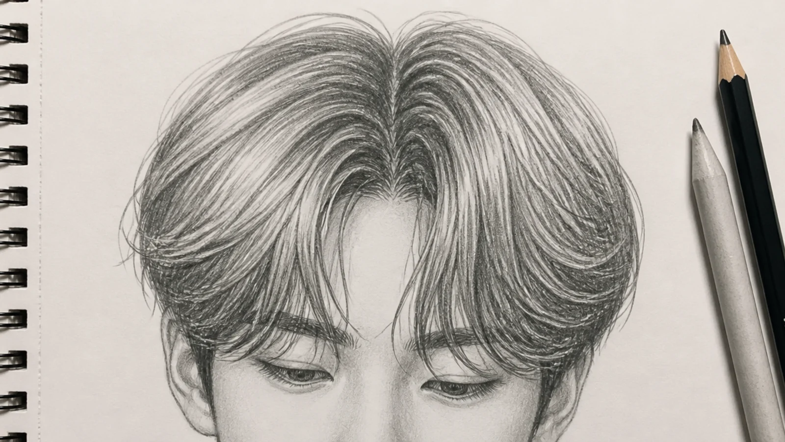 Boy hair sketch with center-parted curtain bangs sweeping to both sides over the forehead in pencil