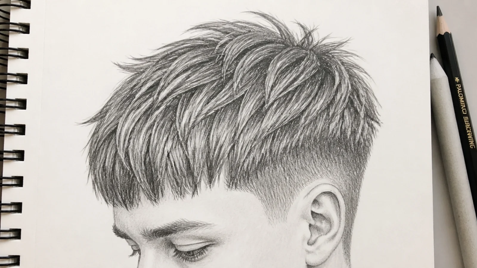 Boy hair sketch of a textured crop with a blunt fringe and short choppy flicks along the top edge