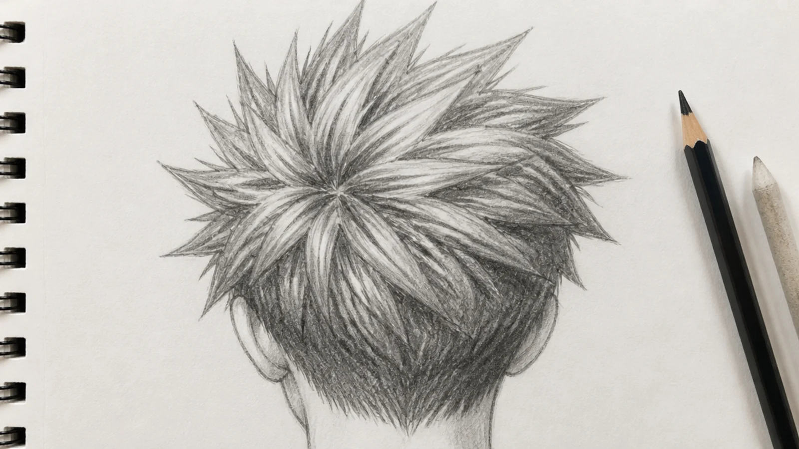 Boy hair sketch of spiky hair with triangular clumps radiating from the crown in graphite