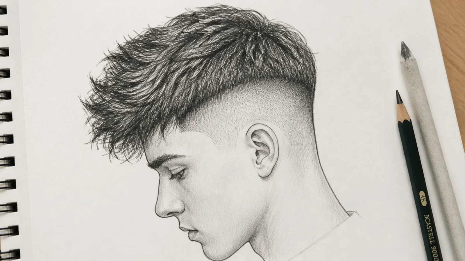 Boy hair sketch of a disconnected undercut with a dark top section and pale shaved sides in pencil