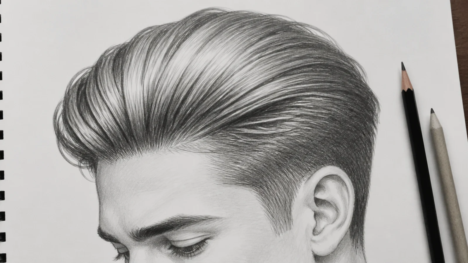 Boy hair sketch of slicked back hair with long parallel flow lines and a bright highlight band over the crown