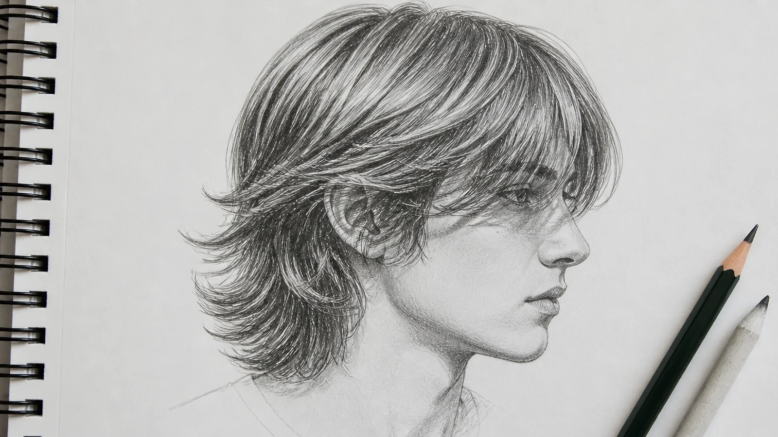 Boy hair sketch of shaggy mid length hair falling over the ears with layered flicked ends in pencil