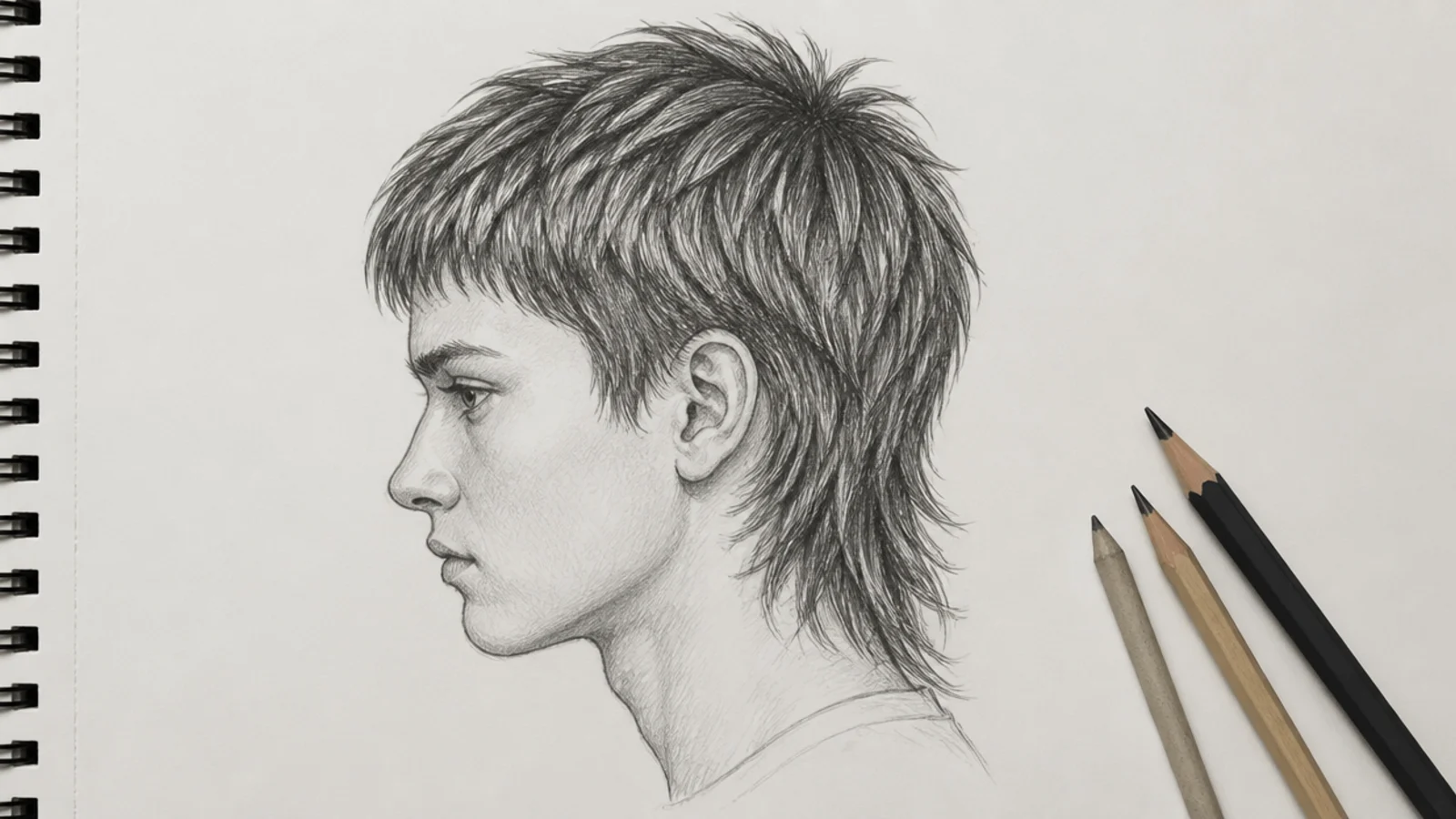 Boy hair sketch of a modern mullet with short cropped front and long tapered length at the nape
