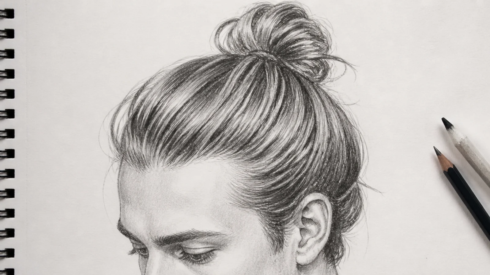 Boy hair sketch of a man bun tied high on the crown with tension lines pulled back from the hairline
