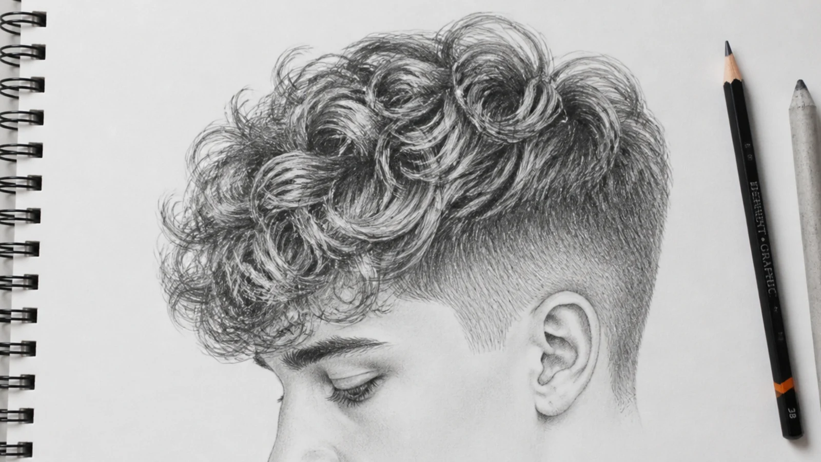 Boy hair sketch of a curly top with loose spiral curls on top and tapered short sides in graphite