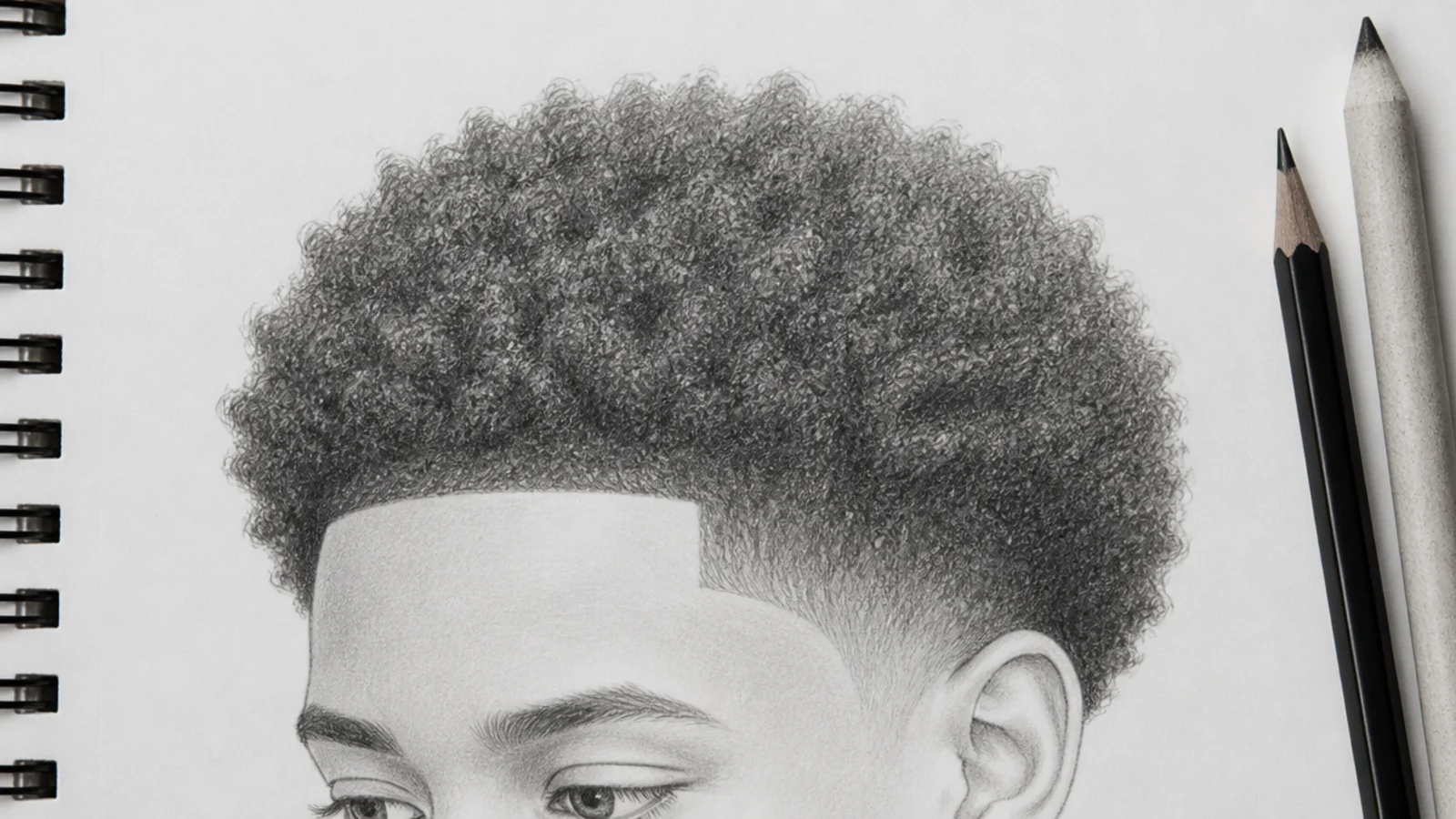 Boy hair sketch of a rounded afro with soft broken outer edge and a crisp drawn hairline in pencil