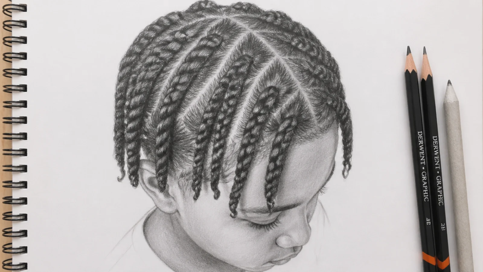 Boy hair sketch of two-strand twists in neat rows from the crown with shaded parting lines