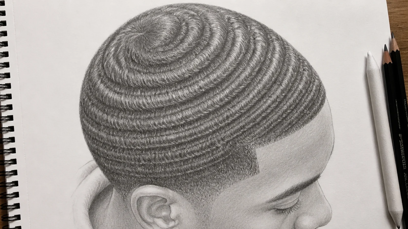 Boy hair sketch of 360 waves showing concentric ripple bands radiating from the crown over a short cut
