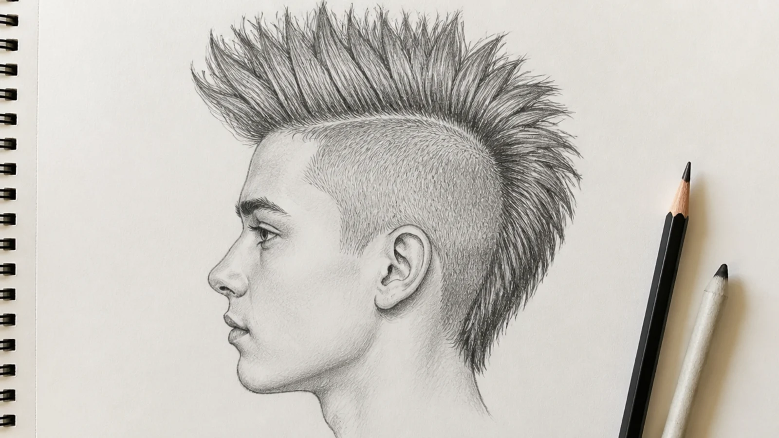 Boy hair sketch of a mohawk with a raised central strip and shaved sides drawn in profile