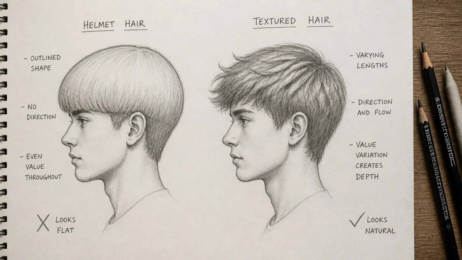 Side by side boy hair sketch comparison showing a helmet-like outlined version and a corrected textured version