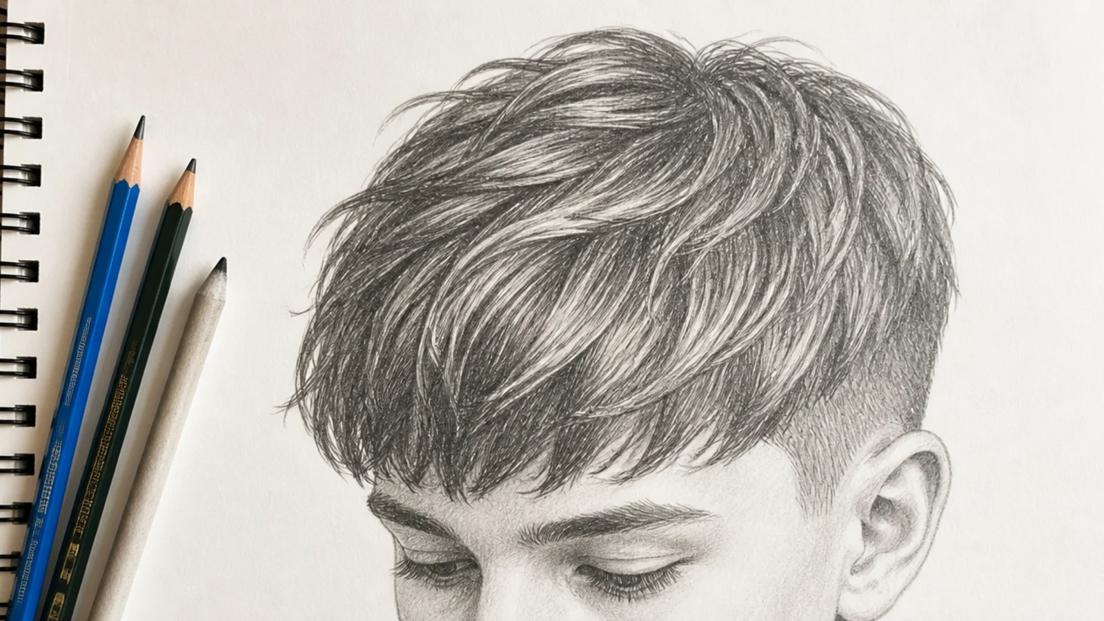 Graphite pencil sketch of a boy's hair on white paper showing a textured crop with a shaded fringe