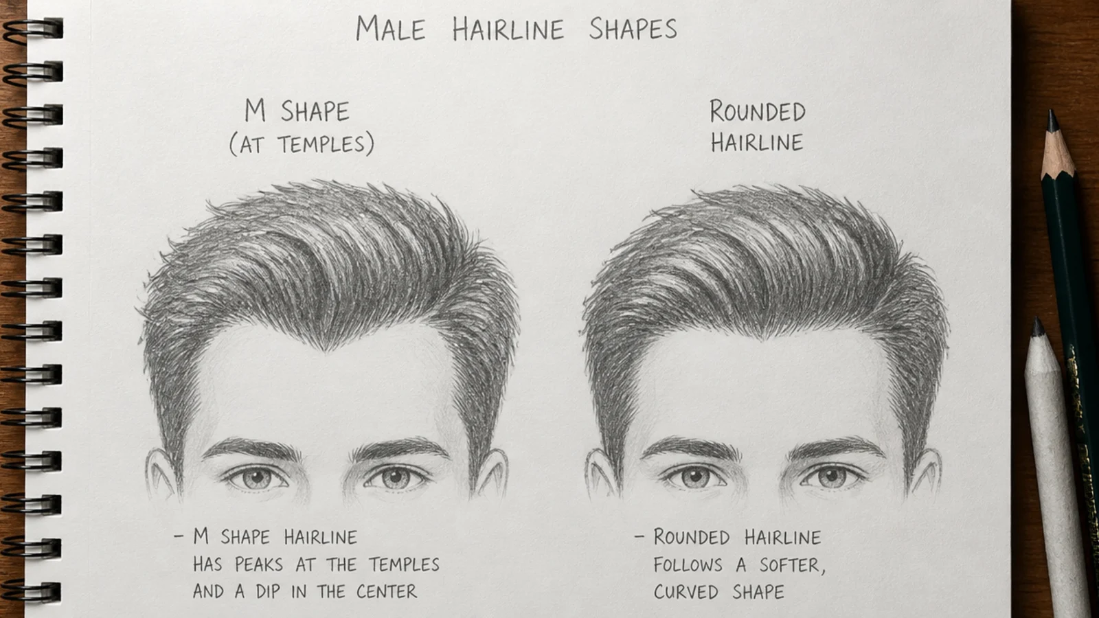 Diagram of a male hairline in a boy hair sketch showing the M shape at the temples versus a rounded hairline