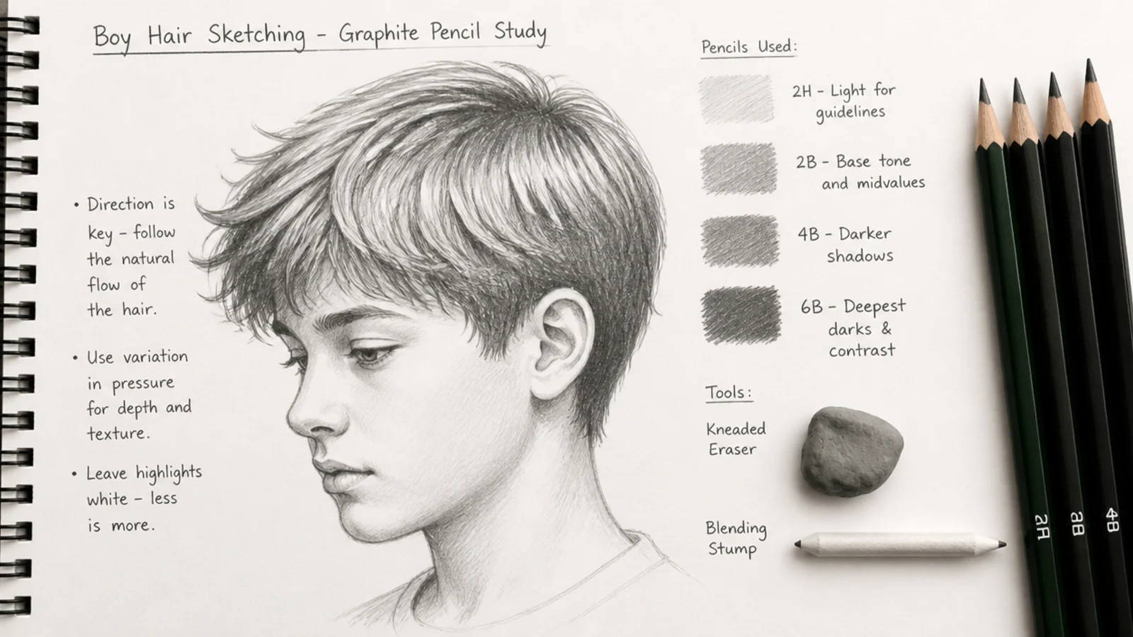 Graphite pencils in 2H, 2B, 4B and 6B with a kneaded eraser and blending stump for boy hair sketching