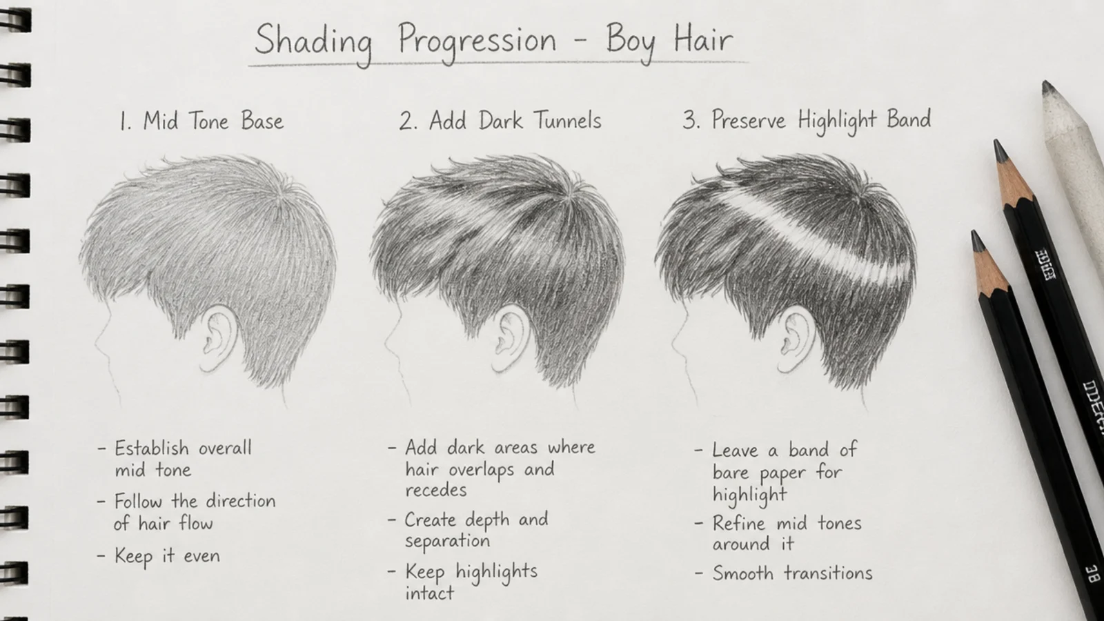 Shading progression for a boy hair sketch showing mid tone, dark tunnels and a bare paper highlight band
