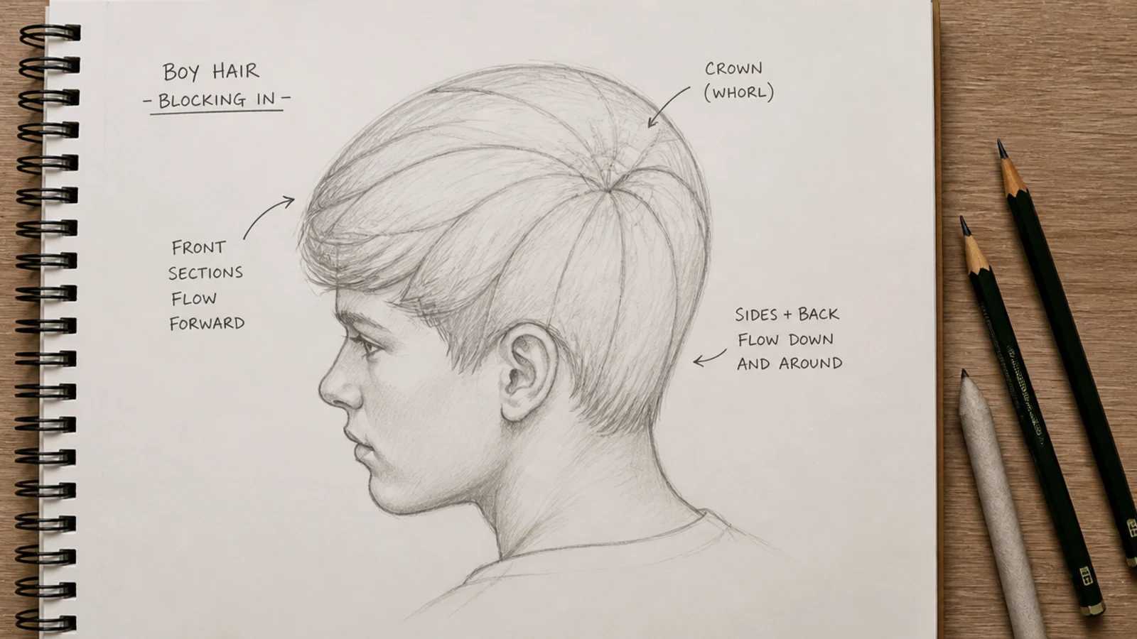 Boy hair sketch in progress showing the blocked silhouette and crown marked before any individual strands