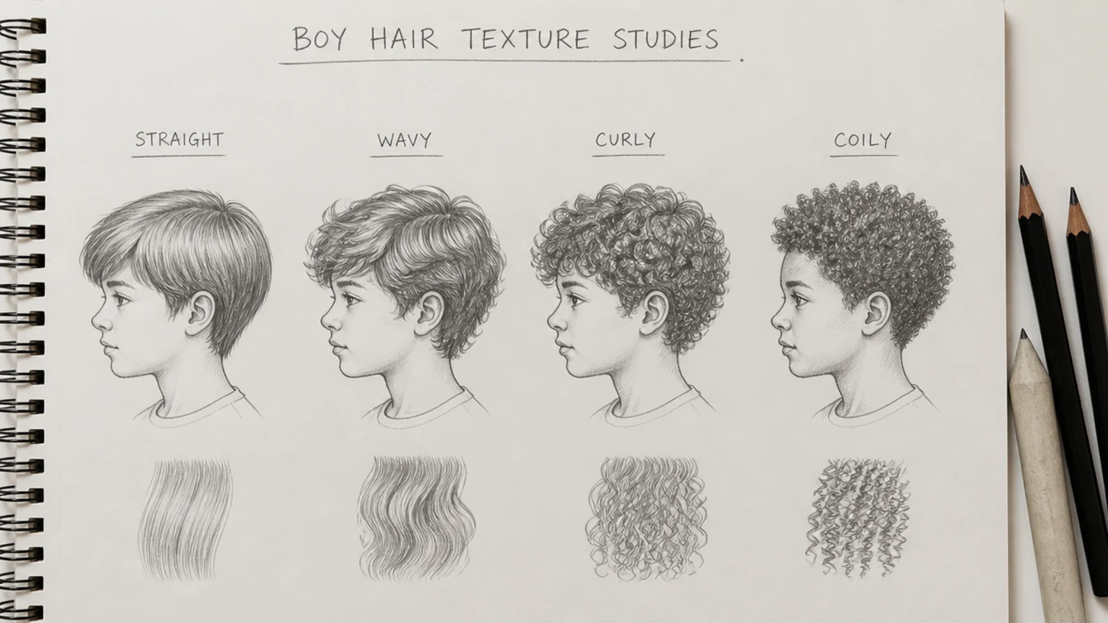 Four boy hair sketch texture studies comparing straight, wavy, curly and coily hair in pencil