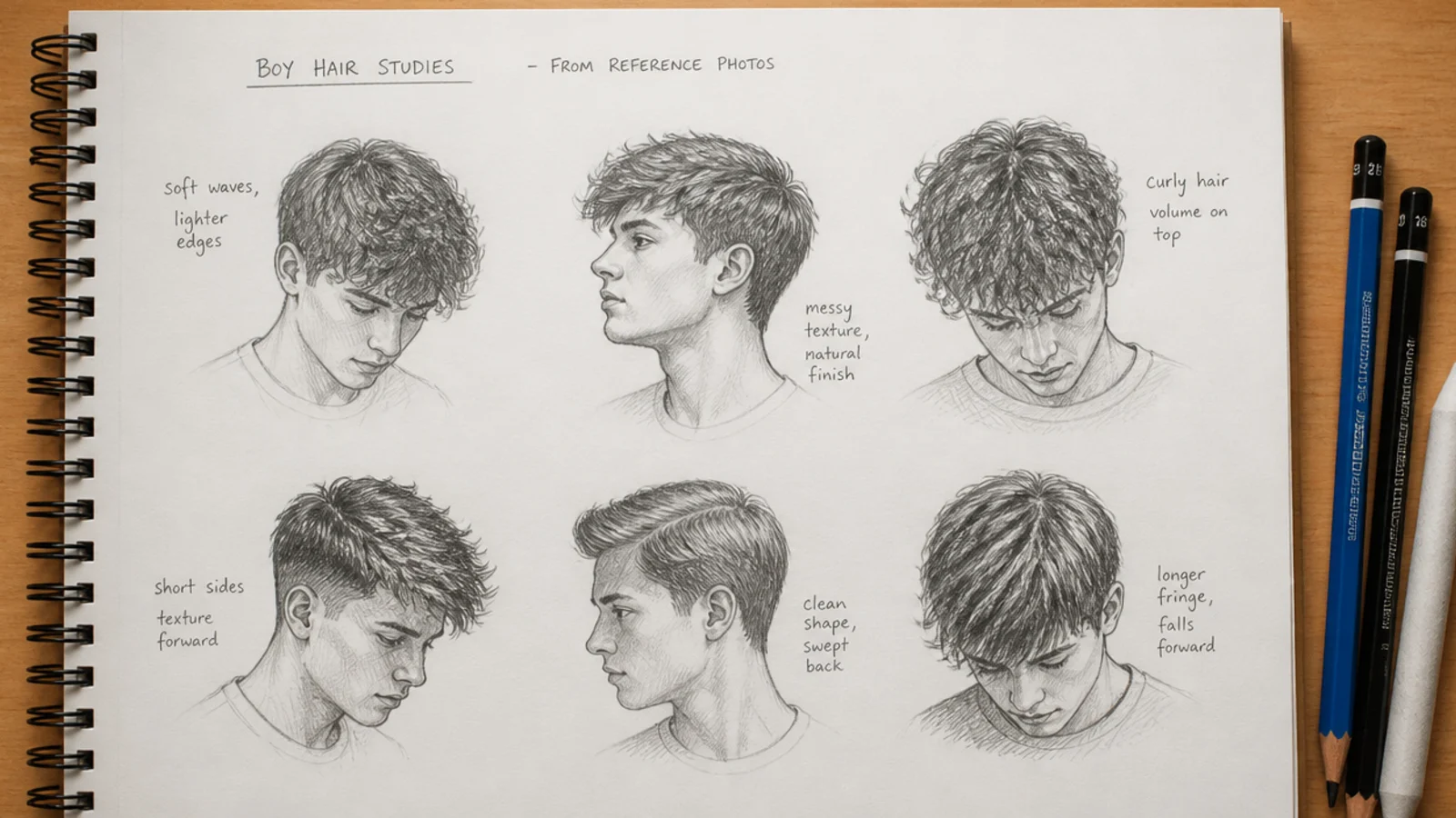 Sketchbook page of boy hair reference studies drawn from photos at small scale in pencil
