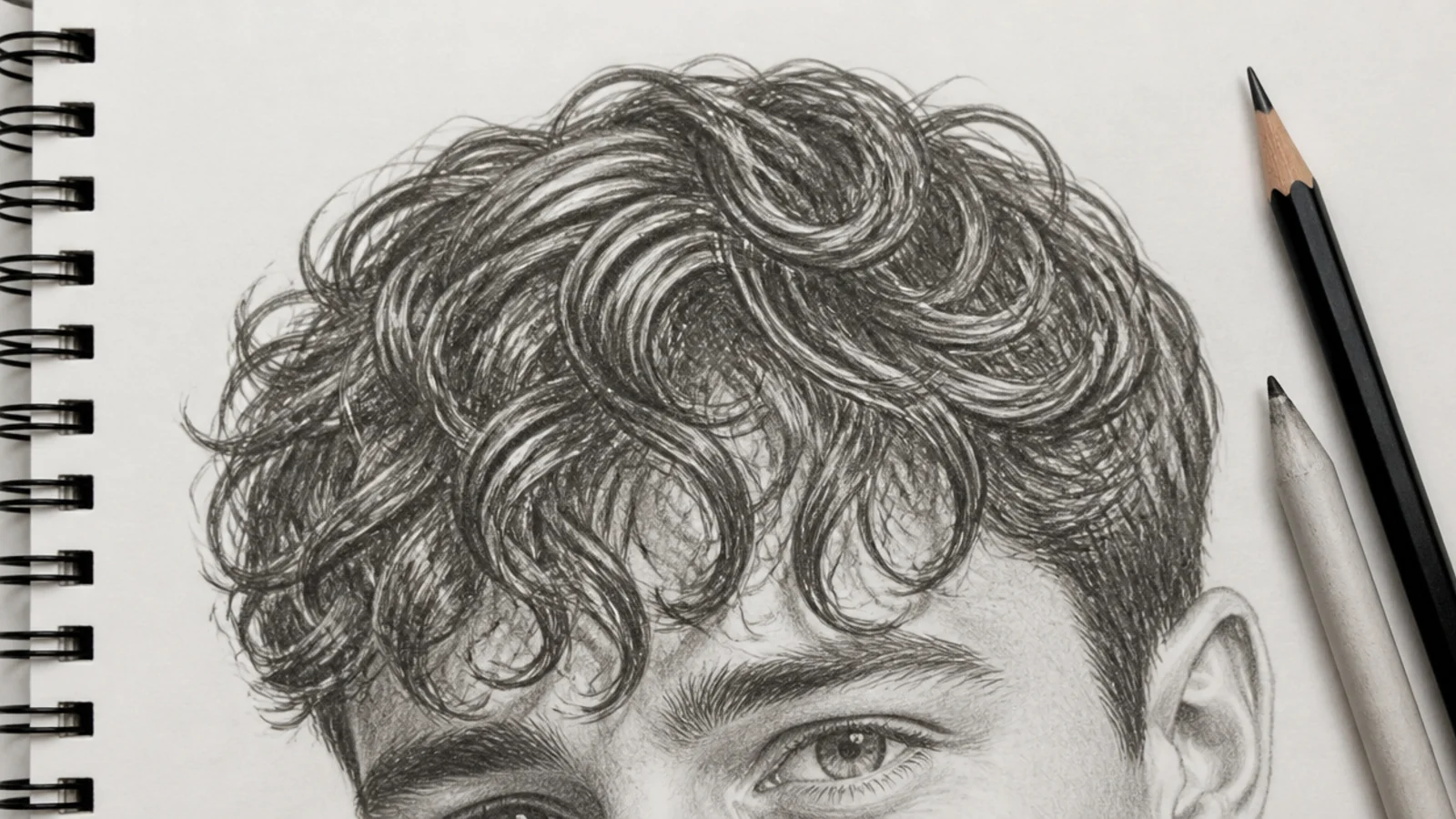 Graphite sketch of loose 3A curly fringe falling over a male character forehead