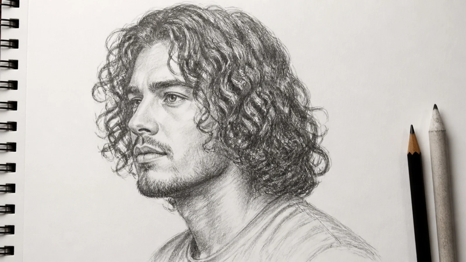 Three quarter view pencil sketch of a male character with shoulder length 3B curls