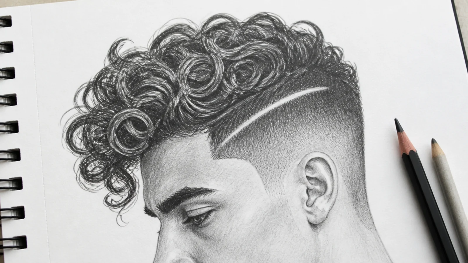 Pencil drawing of a male curly undercut with hard shaved sides and a curled top section