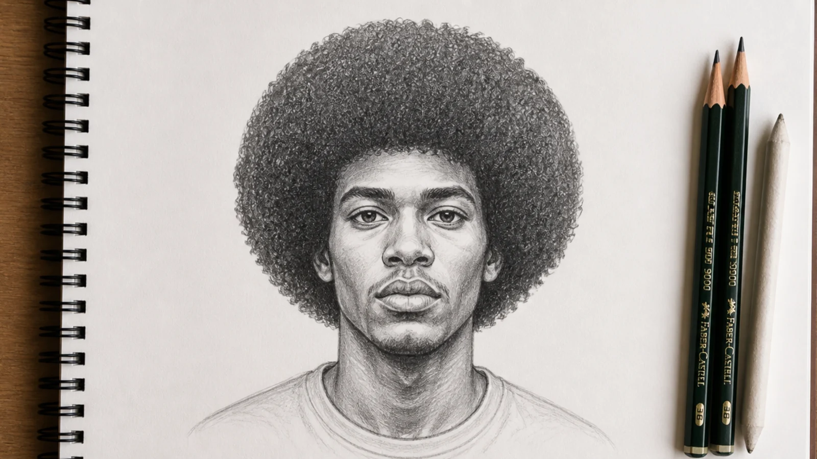 Front view graphite sketch of a male character with a rounded 6 inch wide afro