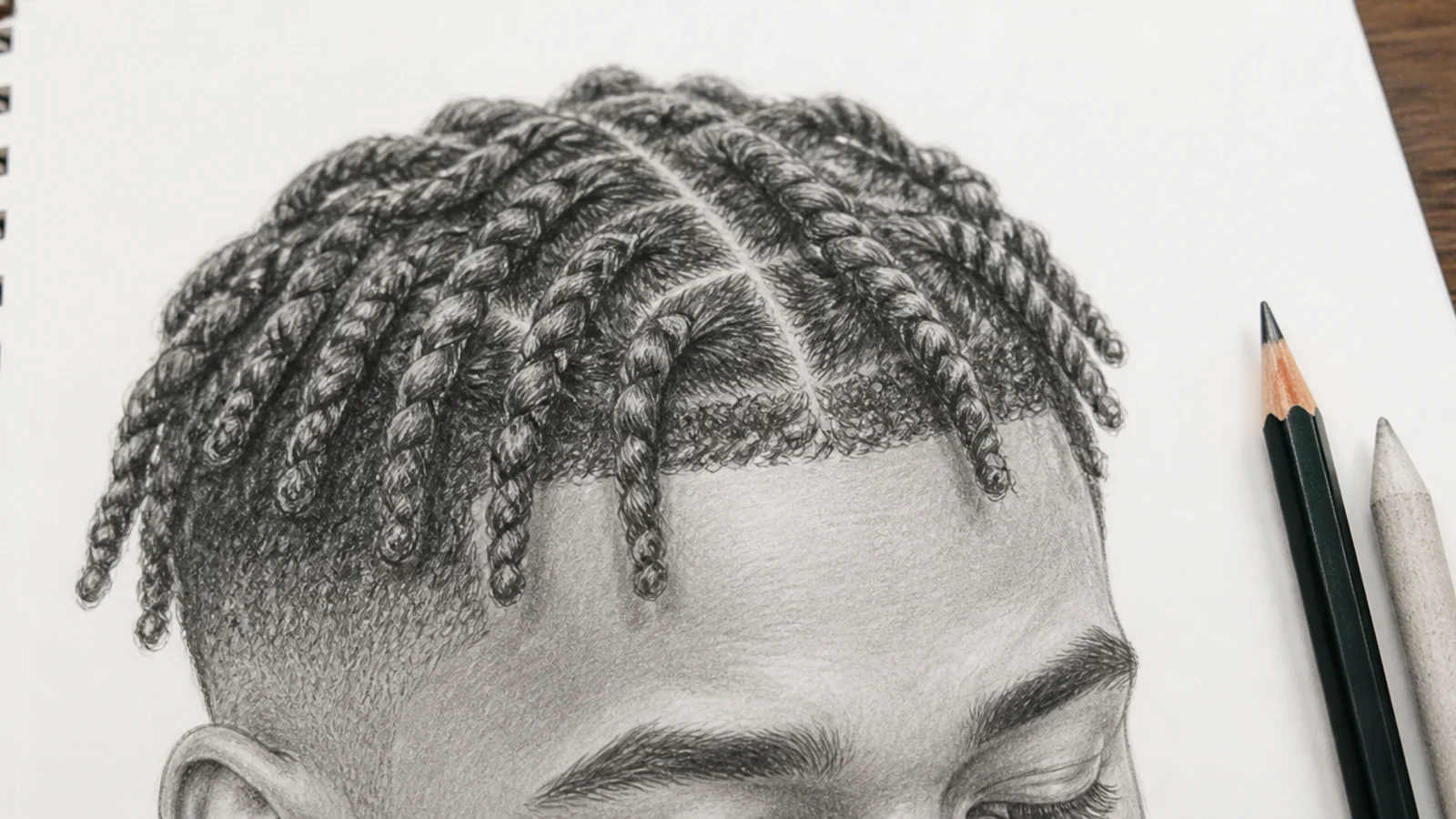 Pencil sketch of short two strand twists cropped close to a male character scalp
