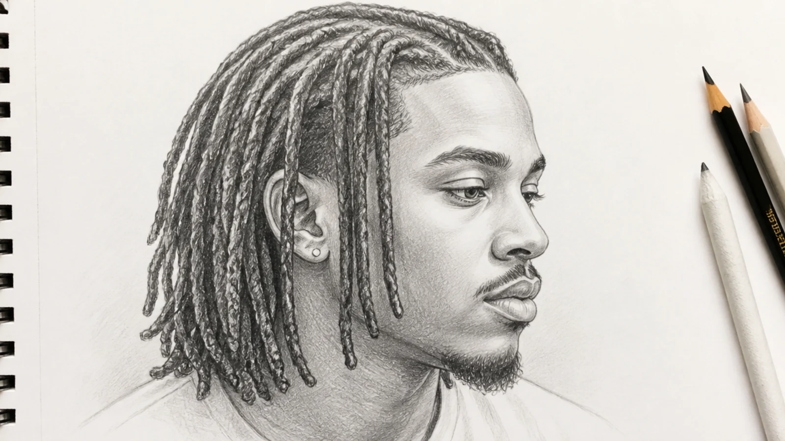 Graphite drawing of shoulder length locs falling behind the ear on a male character