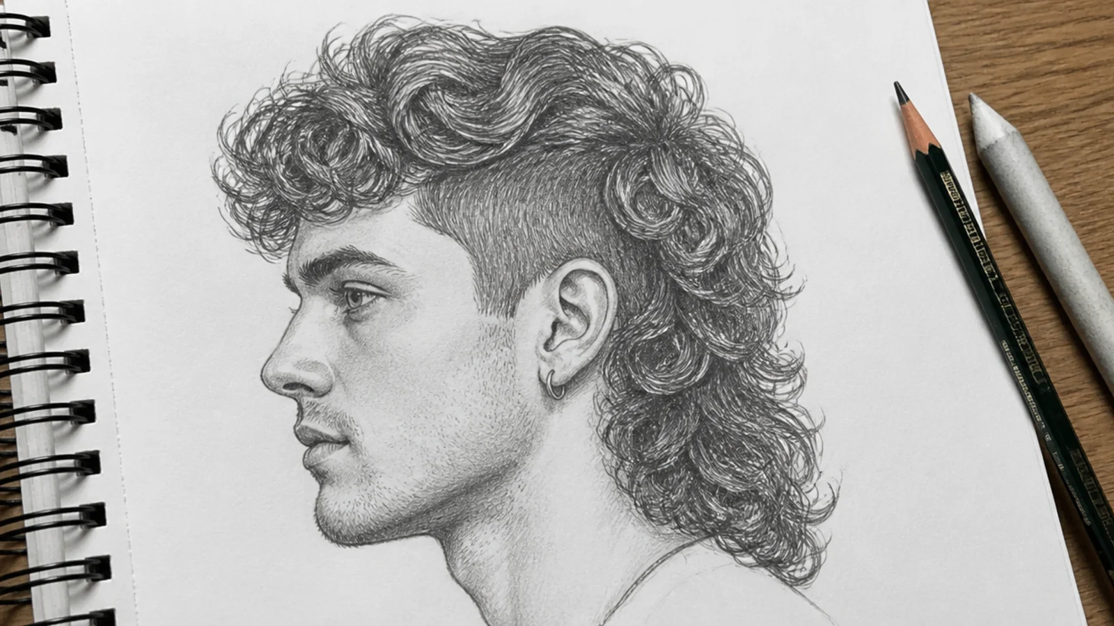 Side view pencil sketch of a male curly mullet with short front curls and a long curled back section
