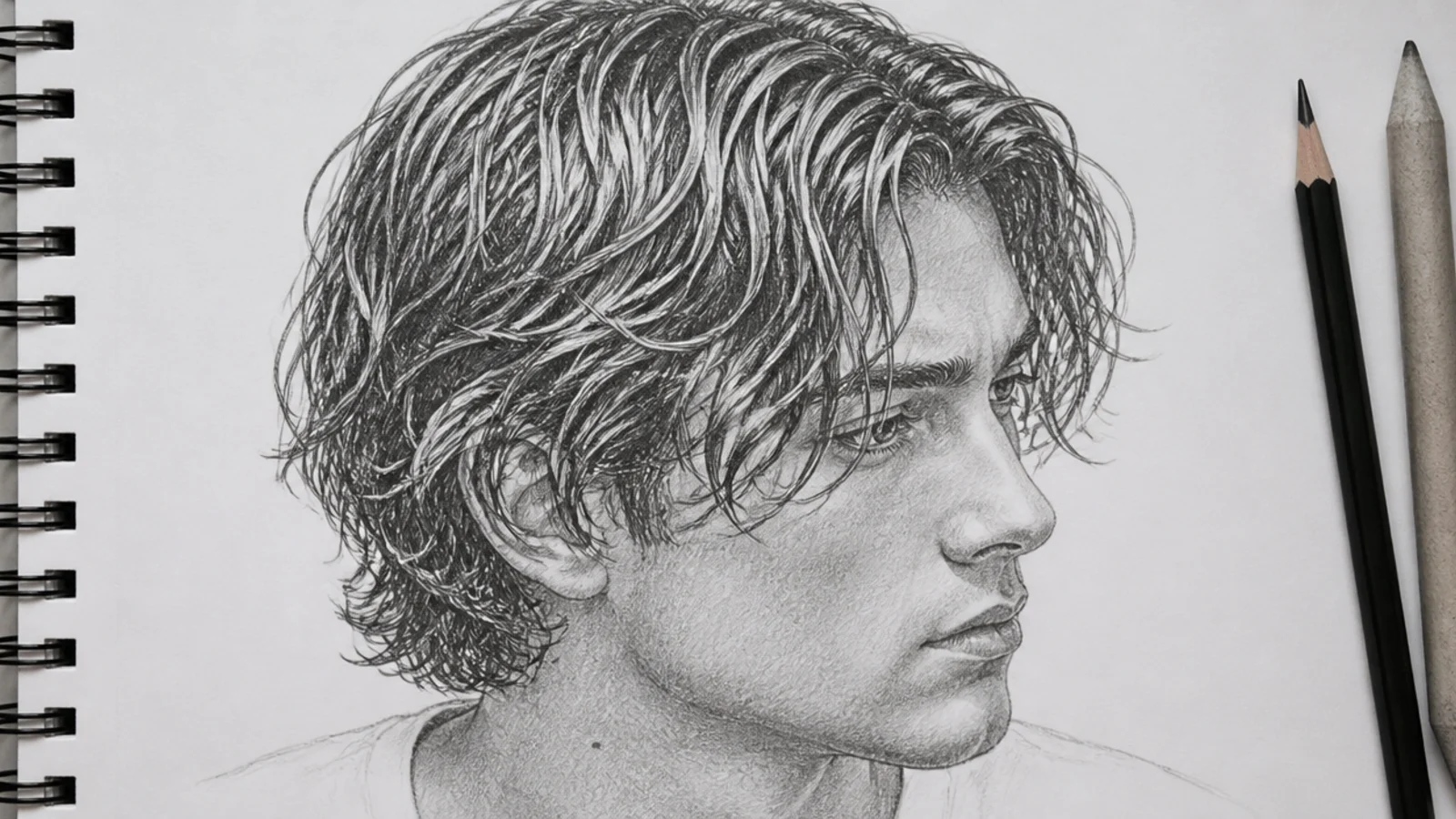 Pencil sketch of chin length wet look surfer waves clumping on a male character