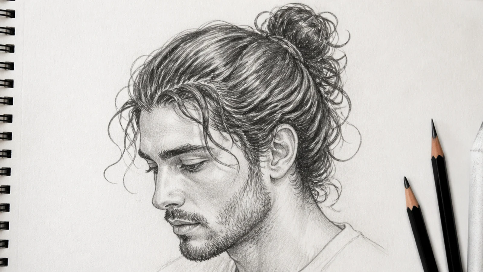 Three quarter pencil drawing of a curly man bun with loose coils escaping at the front hairline
