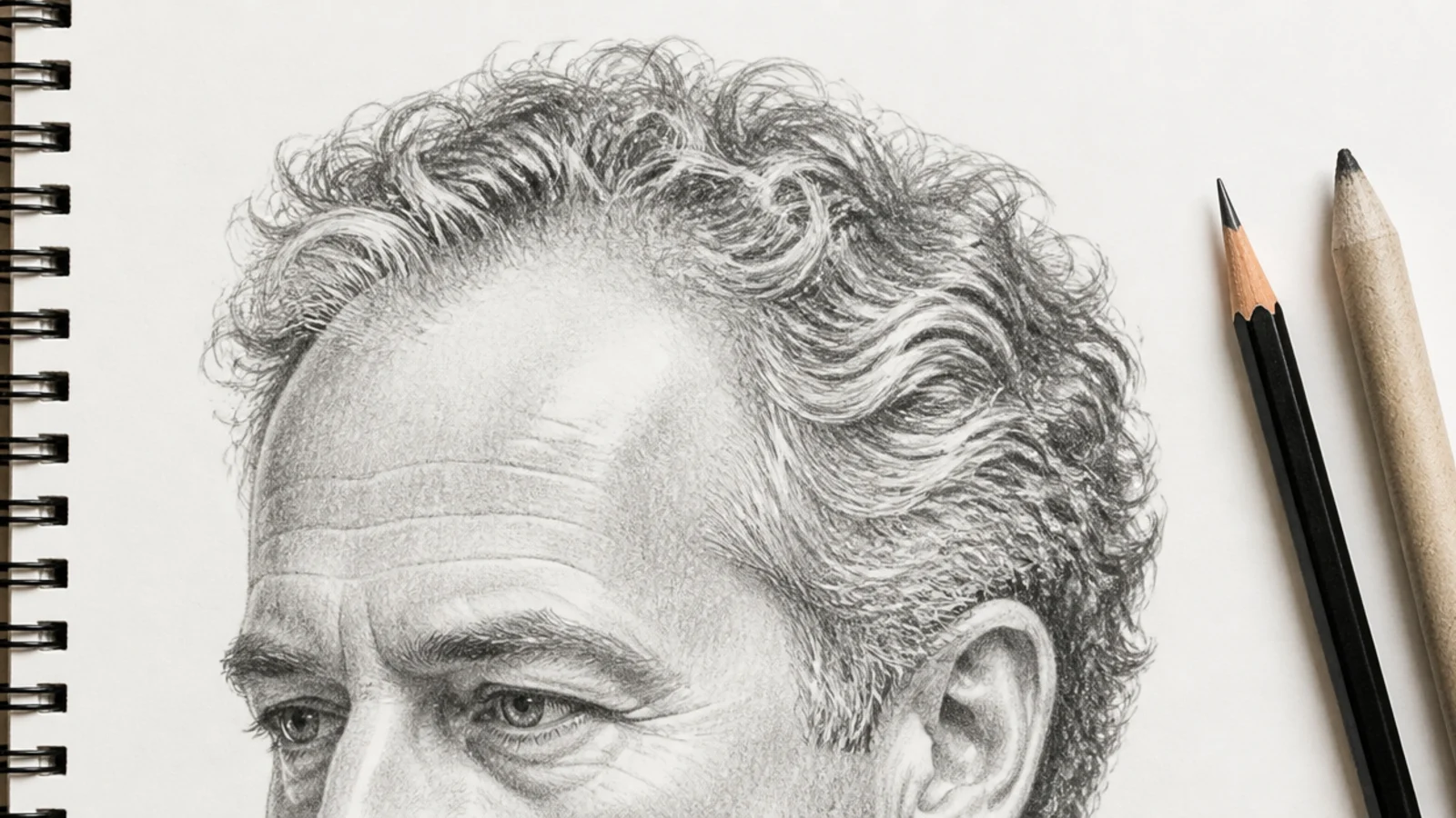 Graphite sketch of salt and pepper curls on an older male character with a receding hairline