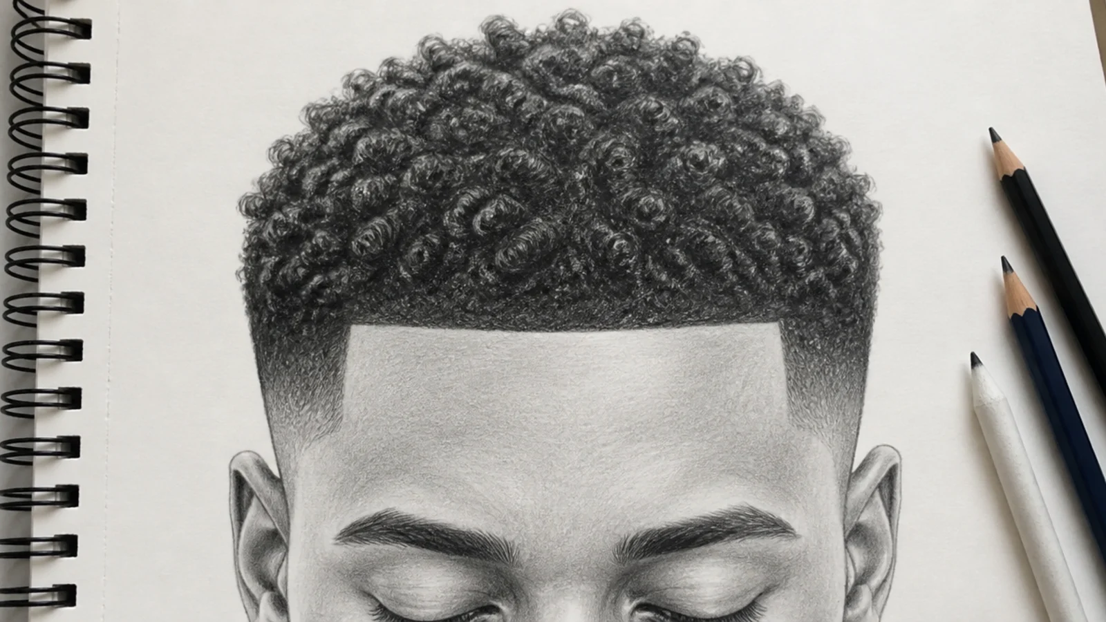 Front view pencil sketch of short sponge curls with a sharp lined up male hairline