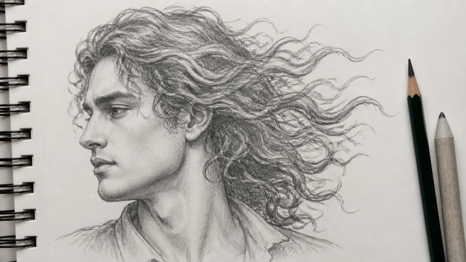 Profile pencil sketch of a male character with wind blown curls streaming to one side