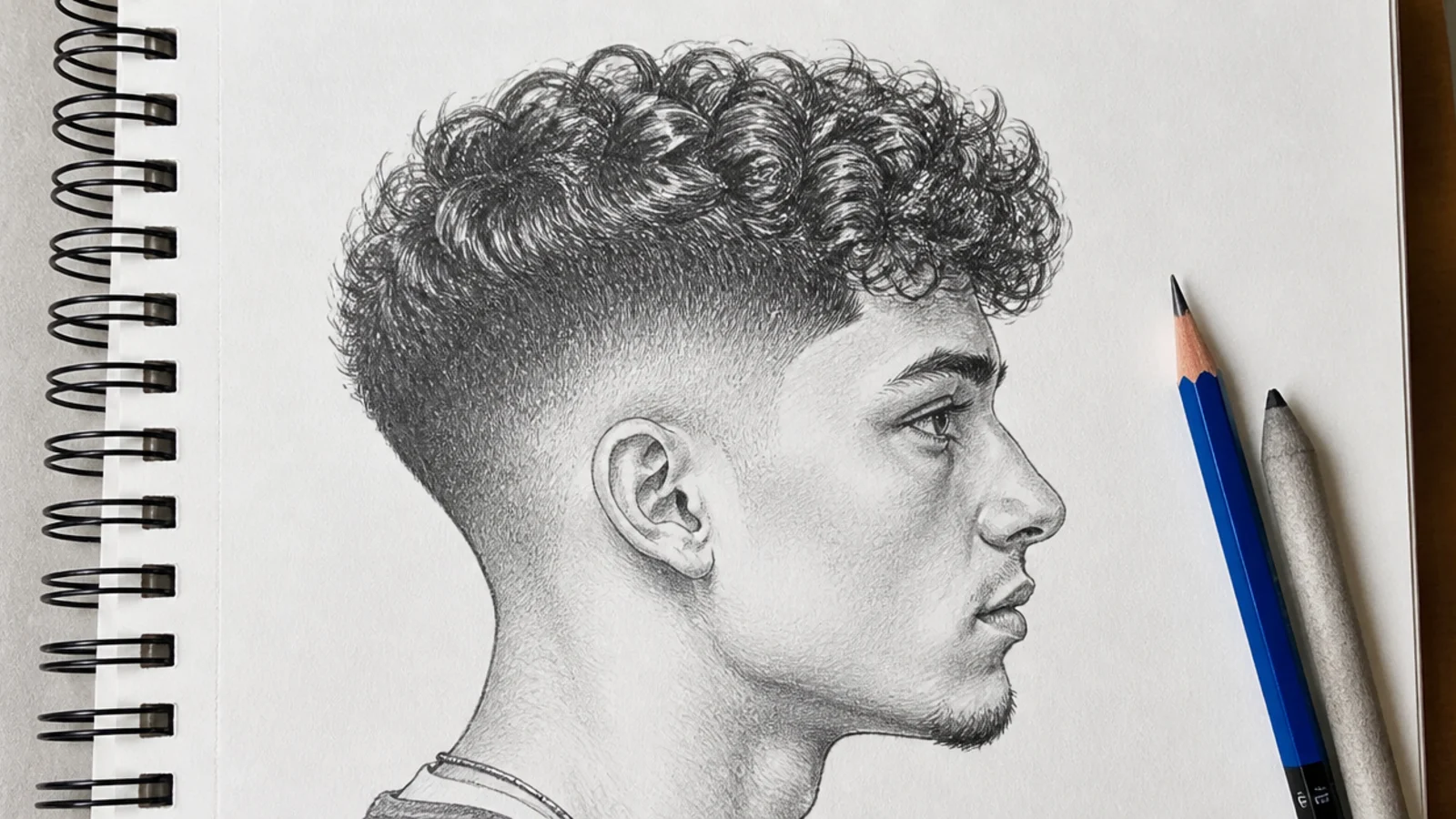 Pencil sketch of a male curly taper fade with buzzed sides and a two inch curled top