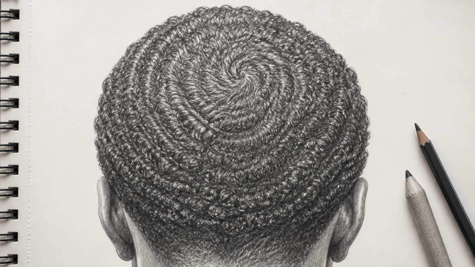 Back view graphite sketch of dense coils on a bowed male head showing the crown whorl