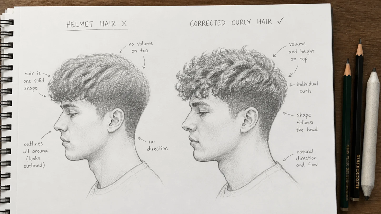 Side by side pencil sketches showing helmet hair and outlined coils next to corrected male curly hair