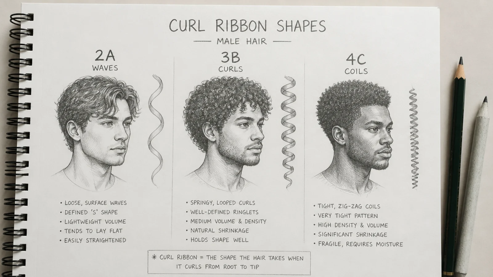 Pencil chart showing curl ribbon shapes for 2A waves 3B curls and 4C coils on male hair