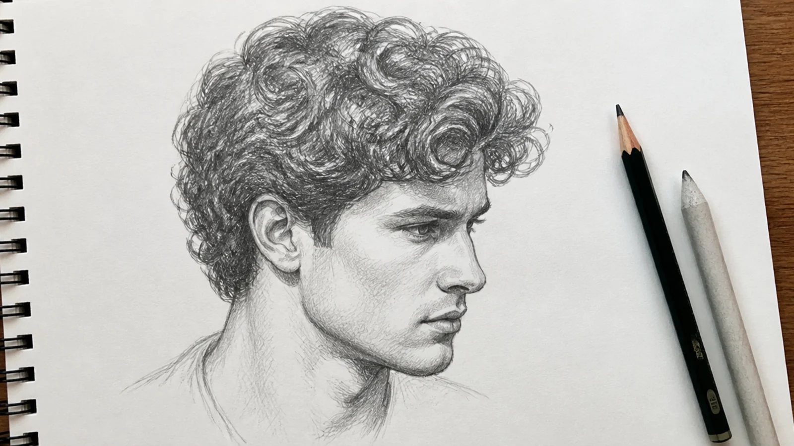 Graphite curly hair sketch of a male character showing a coiled top blocked as a silhouette then shaded