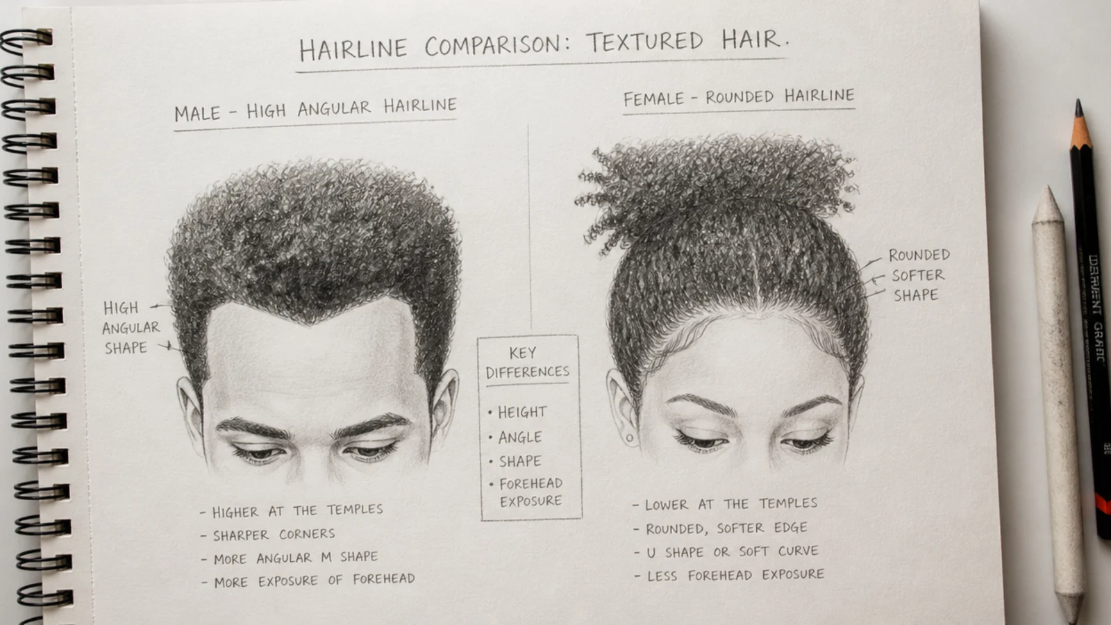 Pencil diagram comparing a high angular male hairline with a rounded female hairline on textured hair