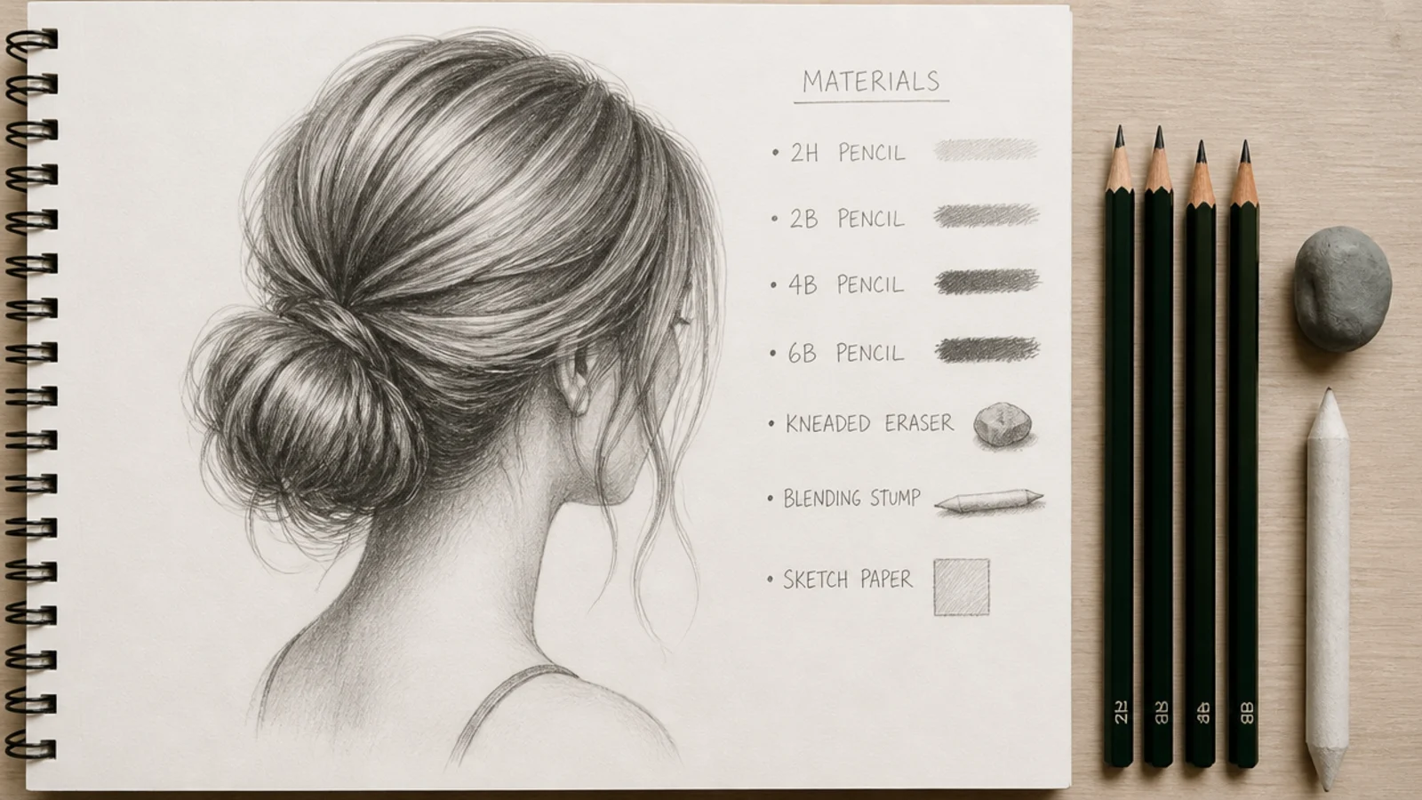 Flat lay of 2H 2B 4B and 6B pencils a kneaded eraser blending stump and sketch paper for hair drawing