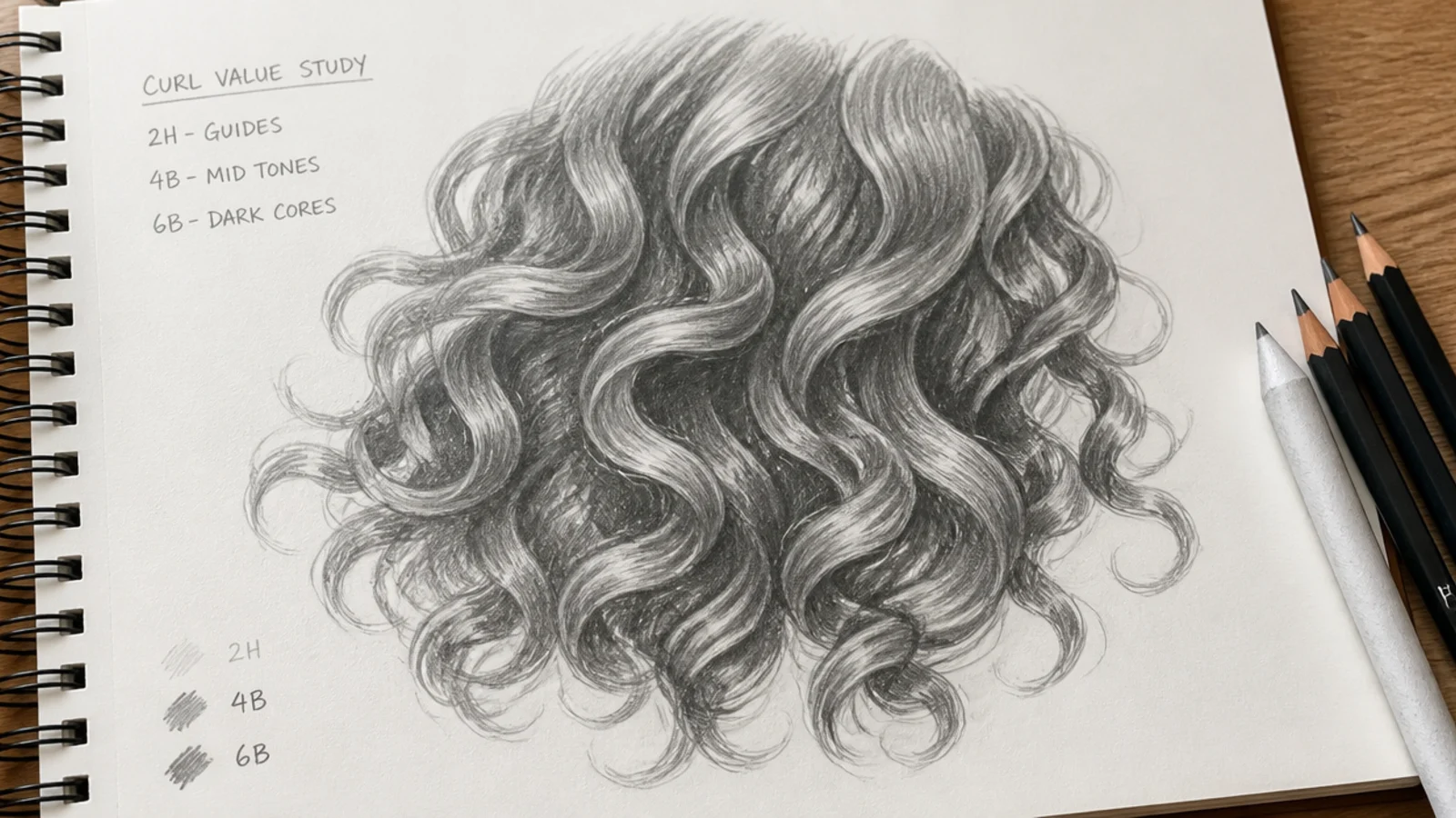 Graphite value study of a curl mass shaded with 2H guides 4B mid tones and 6B dark cores