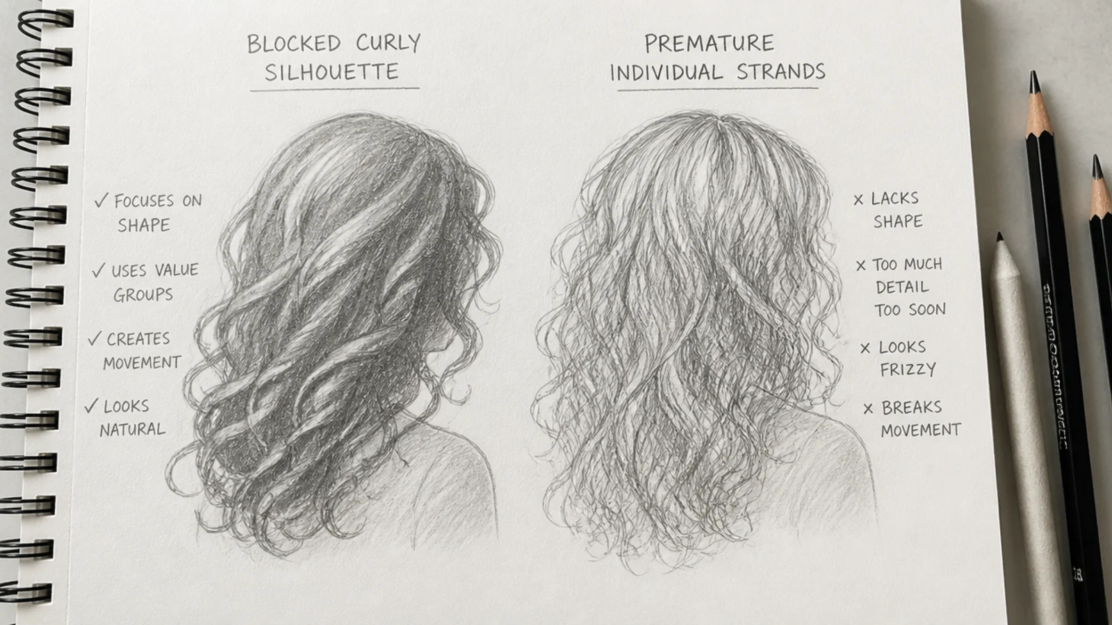 Two pencil sketches compared showing a blocked curly hair silhouette next to premature individual strands