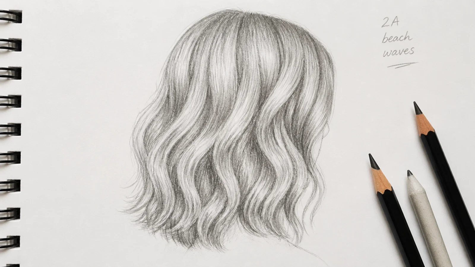 Pencil sketch of loose 2A beach waves at shoulder length showing wide S-curves in graphite